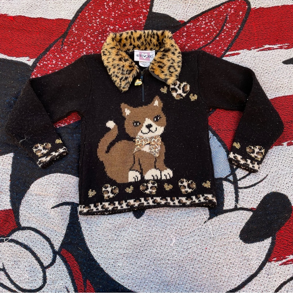 VTG HEARTWORKS BLACK LEOPARD PRINT TRIM CAT GRAPHIC PULLOVER SHIRT GIRLS SIZE 4T